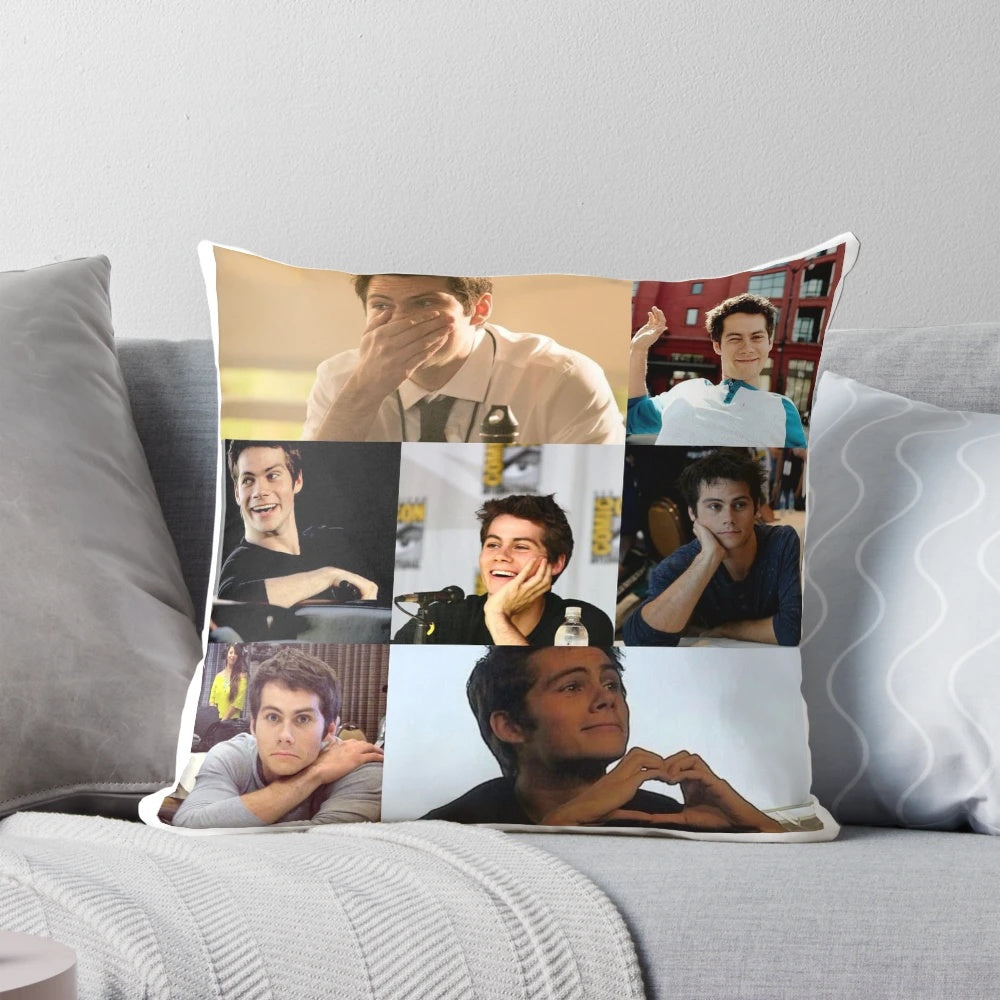 An image of a soft, plush pillow featuring the portrait of actor Dylan O'Brien.