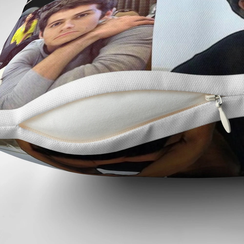 An image of a soft, plush pillow featuring the portrait of actor Dylan O'Brien.