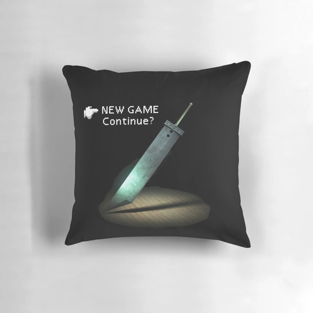 A cozy pillow featuring the iconic game menu design from Final Fantasy VII