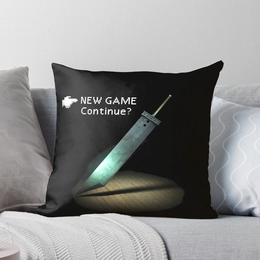 A cozy pillow featuring the iconic game menu design from Final Fantasy VII