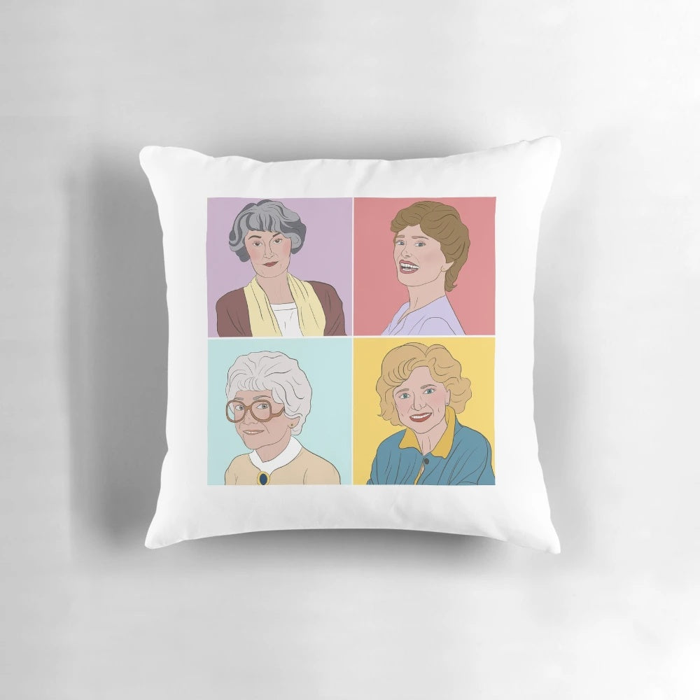 Golden Girls Pastel Throw Pillow featuring the iconic characters from the classic 80s sitcom
