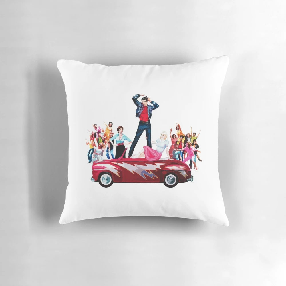 Grease musical-themed decorative pillow featuring characters John Travolta and Olivia Newton John