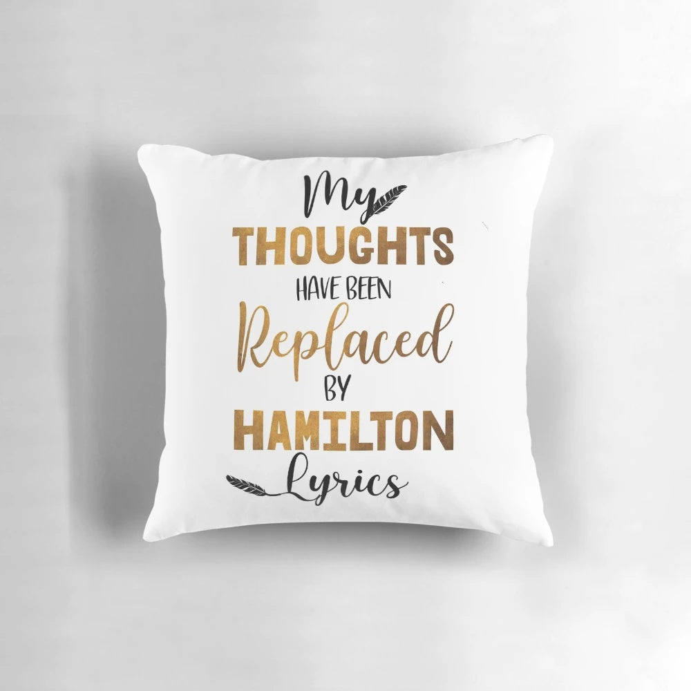 A high-quality throw pillow featuring the iconic characters and quotes from the hit Broadway musical Hamilton.