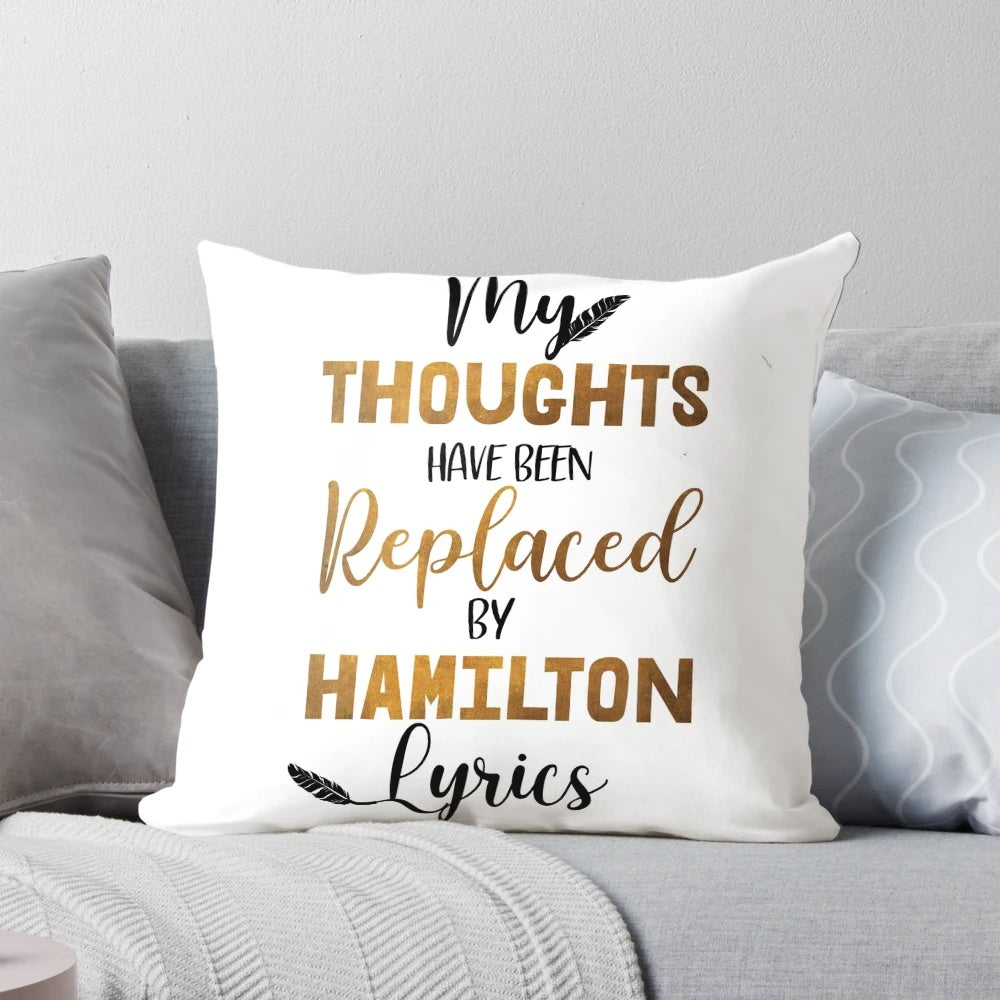 A high-quality throw pillow featuring the iconic characters and quotes from the hit Broadway musical Hamilton.