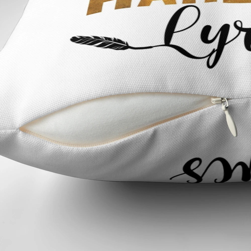 A high-quality throw pillow featuring the iconic characters and quotes from the hit Broadway musical Hamilton.