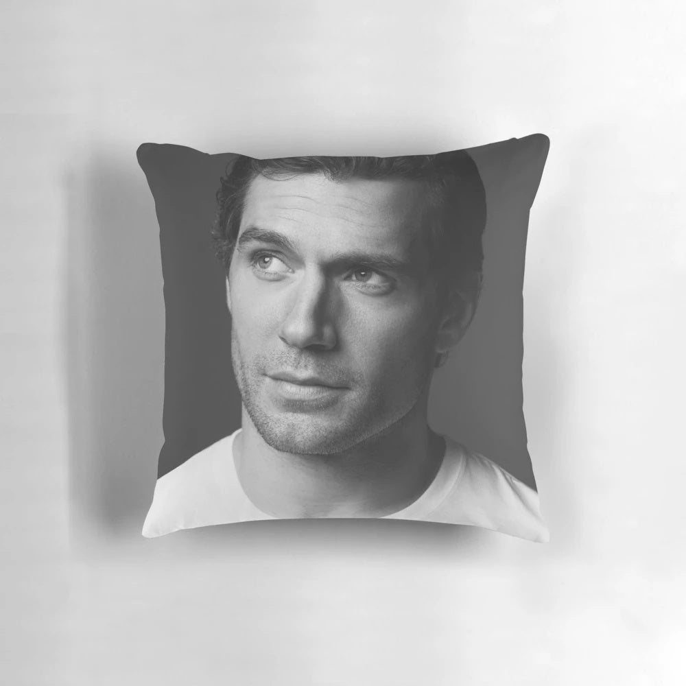 Soft, plush decorative pillow featuring a high-quality image of famous actor and model Henry Cavill