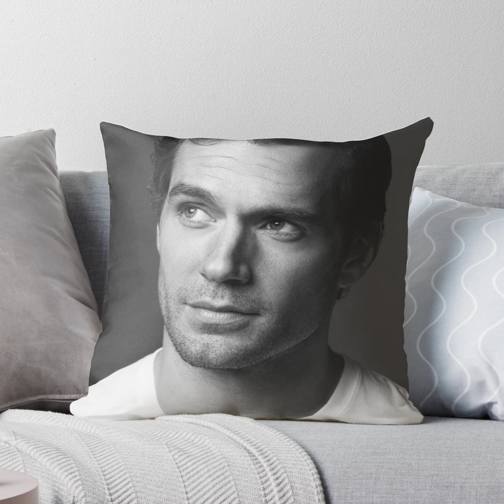 Soft, plush decorative pillow featuring a high-quality image of famous actor and model Henry Cavill