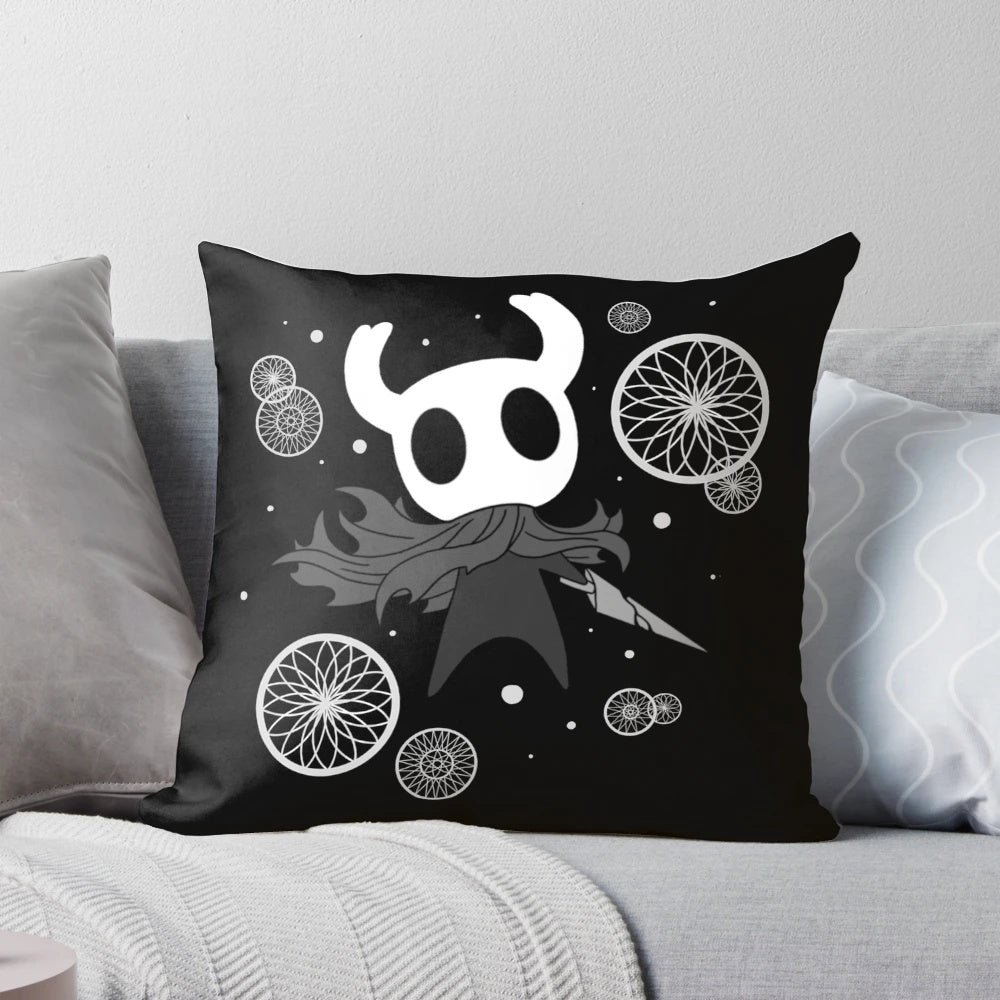 Soft, plush Hollow Knight-themed pillow with the game's iconic character and logo