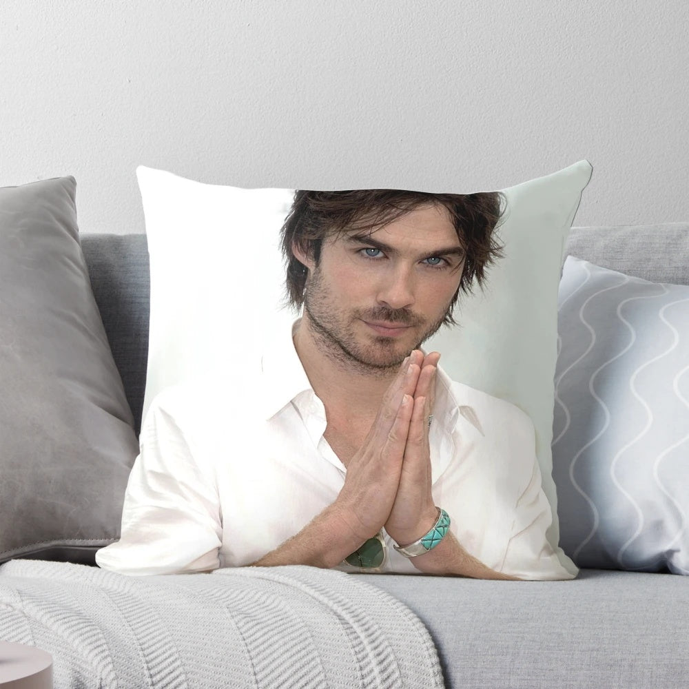 Ian Somerhalder as Damon Salvatore from the hit TV series The Vampire Diaries printed on a soft, comfortable pillow