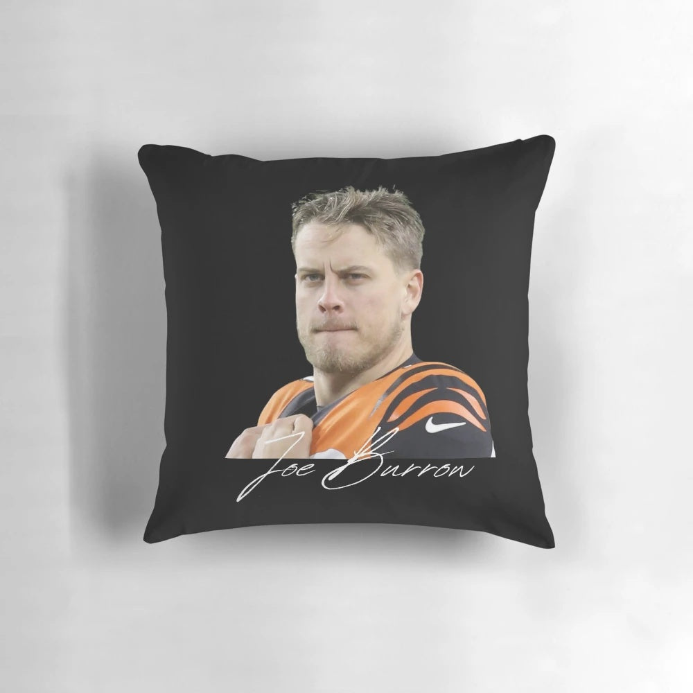 Joe Burrow signed design pillow featuring the Cincinnati Bengals quarterback in action