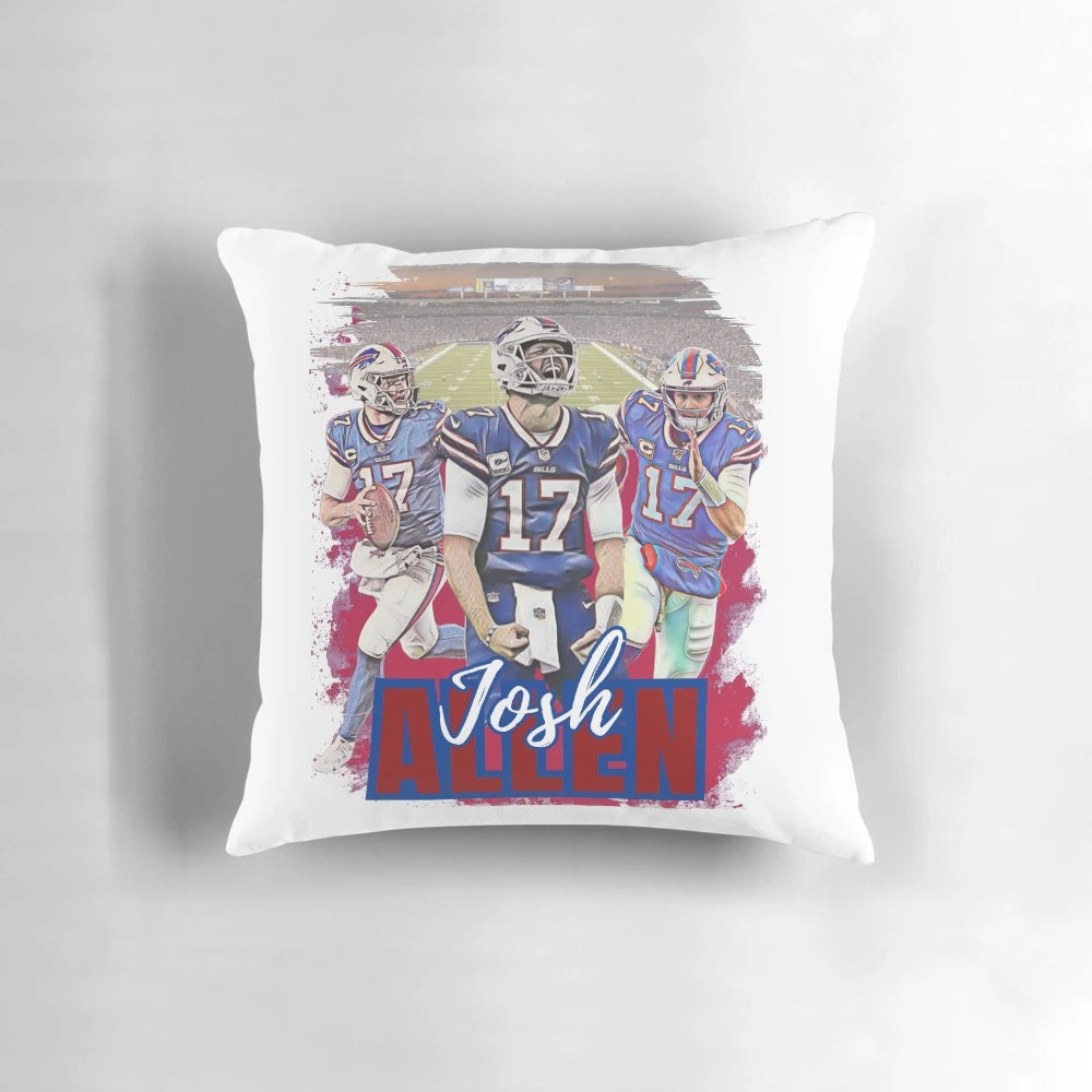 A soft, custom-made pillow featuring an illustration of Buffalo Bills quarterback Josh Allen.