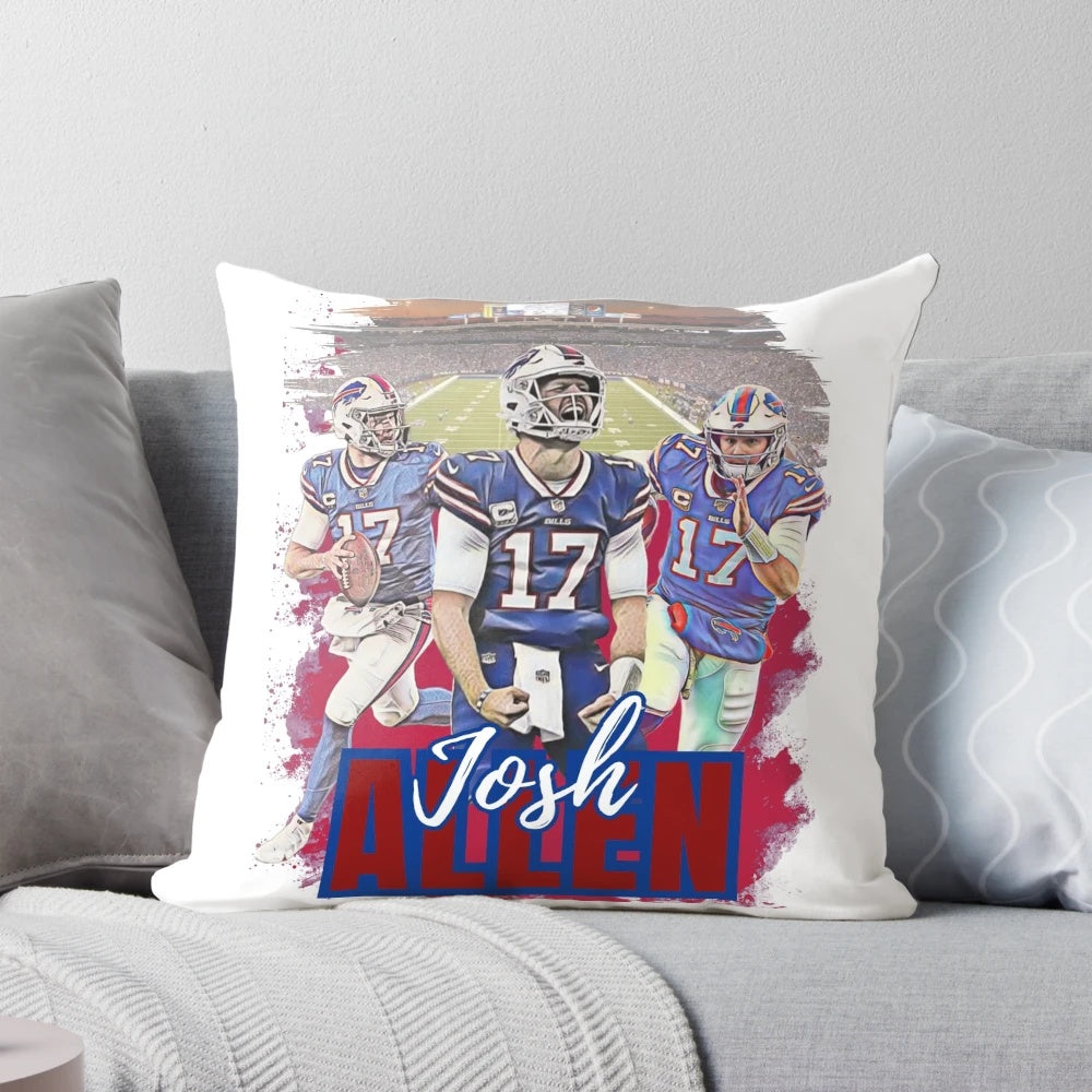 A soft, custom-made pillow featuring an illustration of Buffalo Bills quarterback Josh Allen.