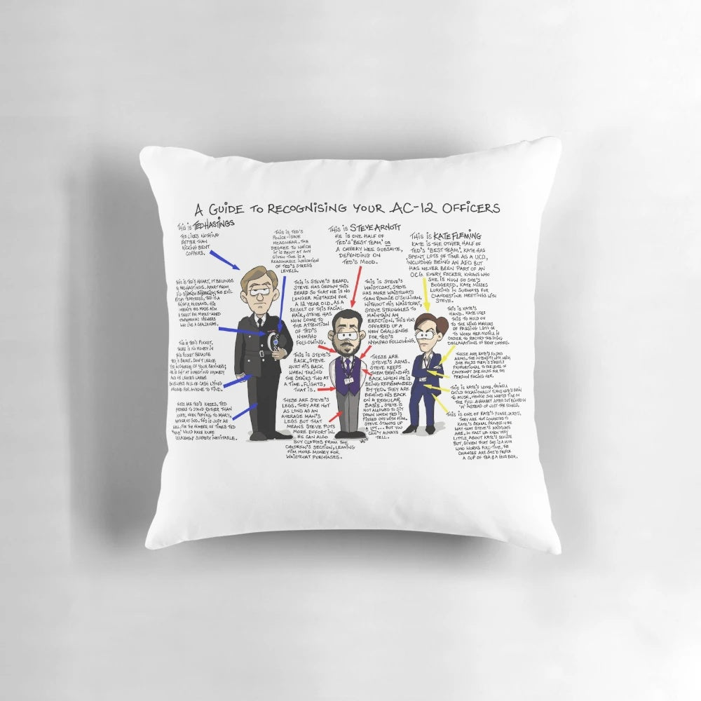 "Plush line of duty ac12 investigative unit guide pillow with characters ted hastings, steve arnott, and kate fleming"