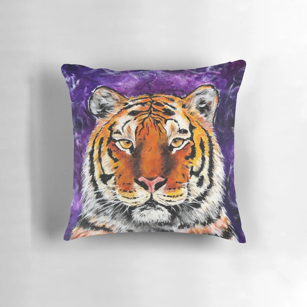 Vibrant LSU Tigers-themed pillow designed by Sarah Clostio