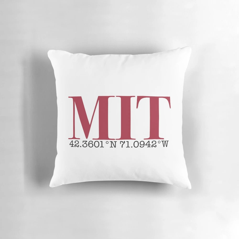 MIT Coordinates Pillow featuring the iconic MIT Beaver mascot in cardinal red and silver