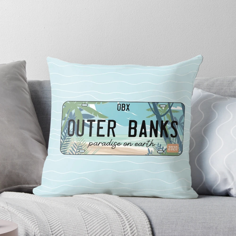 Outer Banks Netflix Show License Plate Pillow with palm trees and beach