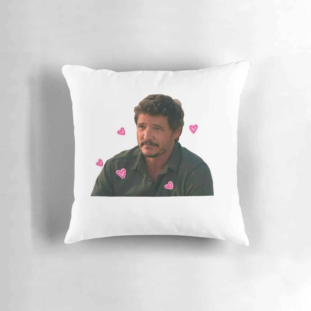 Soft, plush pillow featuring a dynamic image of actor Pedro Pascal from The Last of Us and The Mandalorian.