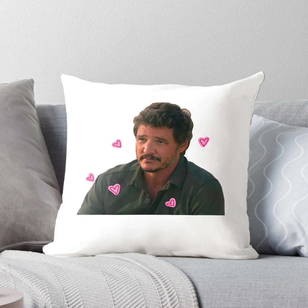 Soft, plush pillow featuring a dynamic image of actor Pedro Pascal from The Last of Us and The Mandalorian.