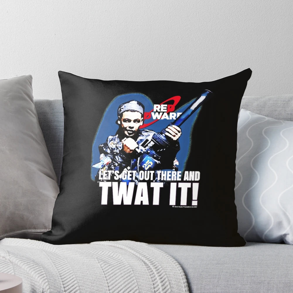 Red Dwarf character pillow featuring the show's logo and iconic imagery