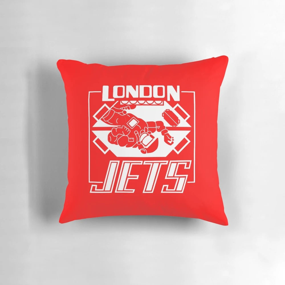 Red Dwarf-inspired pillow featuring the London Jets logo and characters Lister, Rimmer, Kryten, and Holly