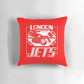 Red Dwarf-inspired pillow featuring the London Jets logo and characters Lister, Rimmer, Kryten, and Holly