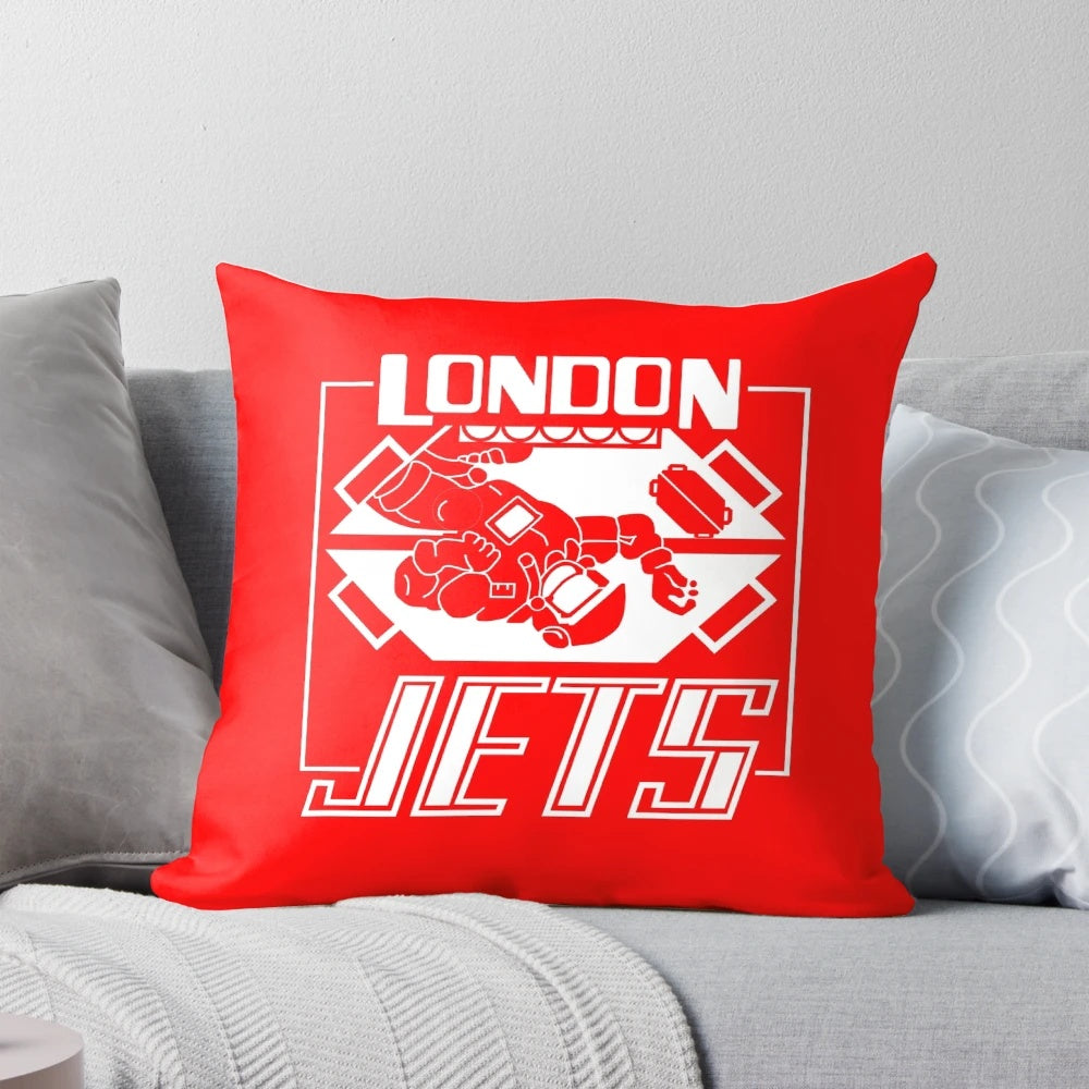 Red Dwarf-inspired pillow featuring the London Jets logo and characters Lister, Rimmer, Kryten, and Holly