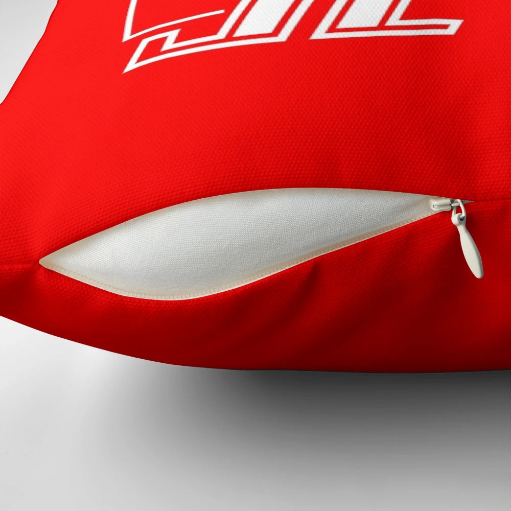 Red Dwarf-inspired pillow featuring the London Jets logo and characters Lister, Rimmer, Kryten, and Holly