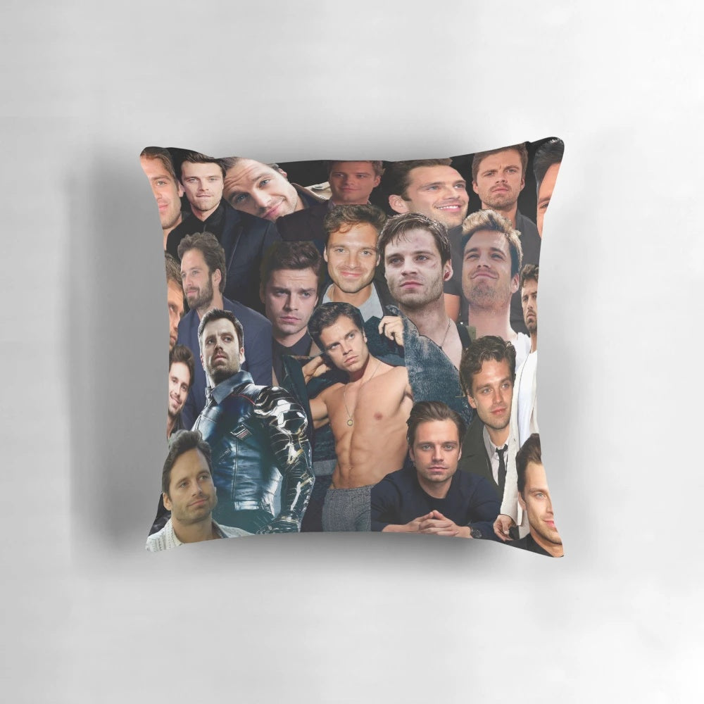 Soft and cozy pillow featuring a collage design of Marvel actor Sebastian Stan