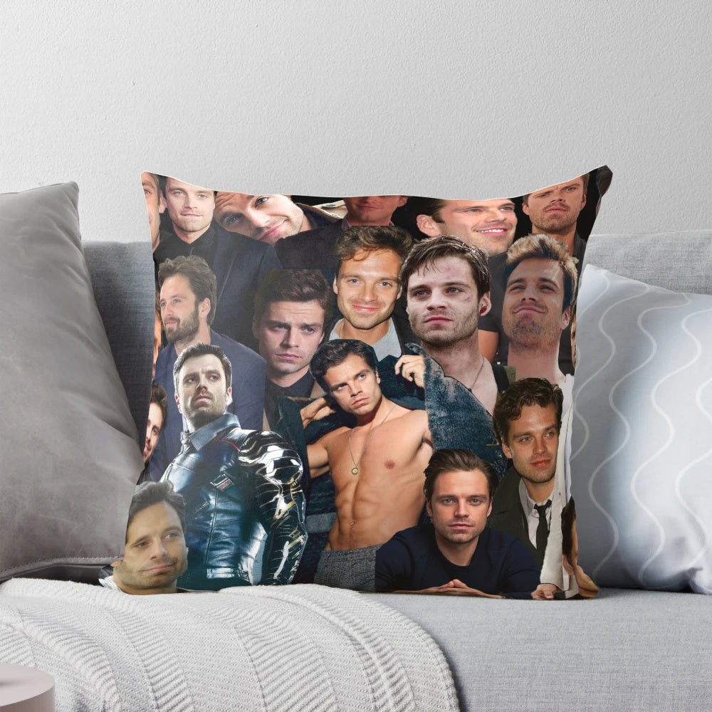 Soft and cozy pillow featuring a collage design of Marvel actor Sebastian Stan