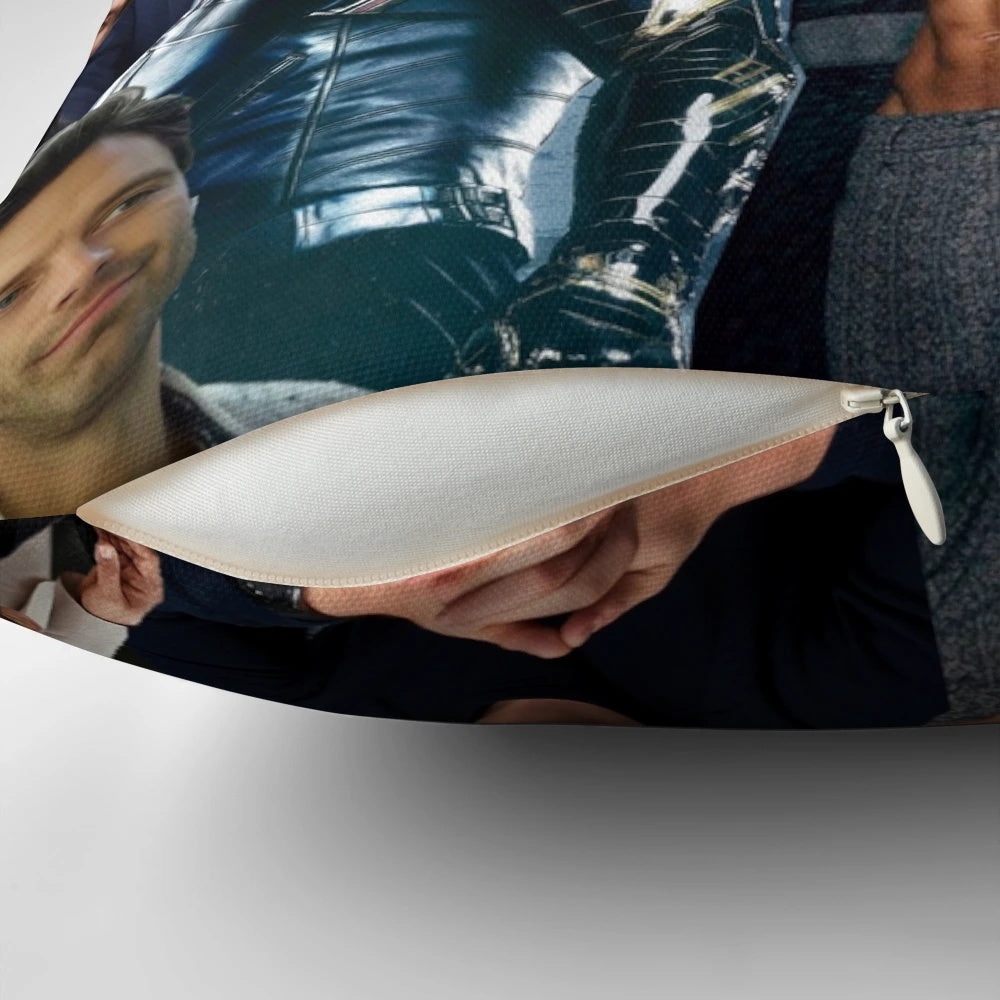 Soft and cozy pillow featuring a collage design of Marvel actor Sebastian Stan