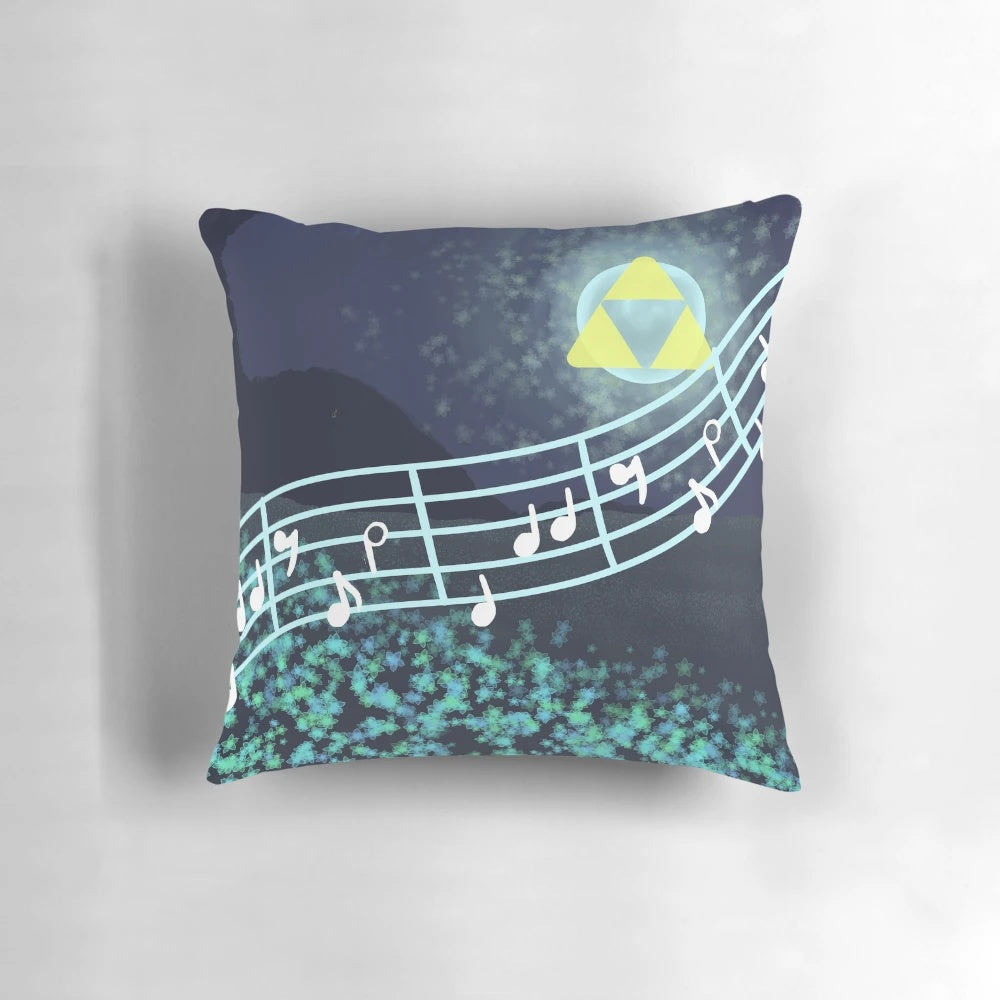 Beautifully designed Song of Storms Zelda throw pillow featuring iconic Ocarina of Time imagery and aesthetics.