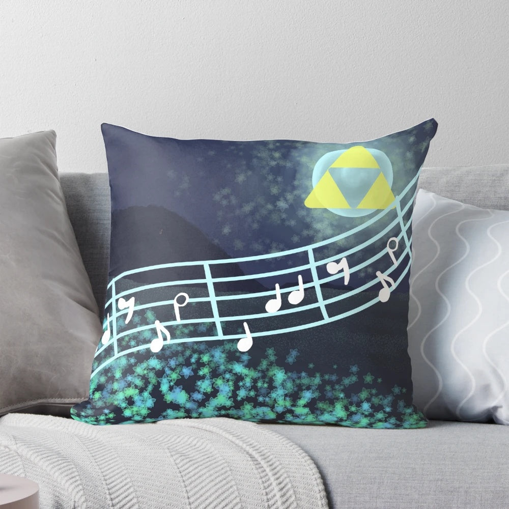 Beautifully designed Song of Storms Zelda throw pillow featuring iconic Ocarina of Time imagery and aesthetics.