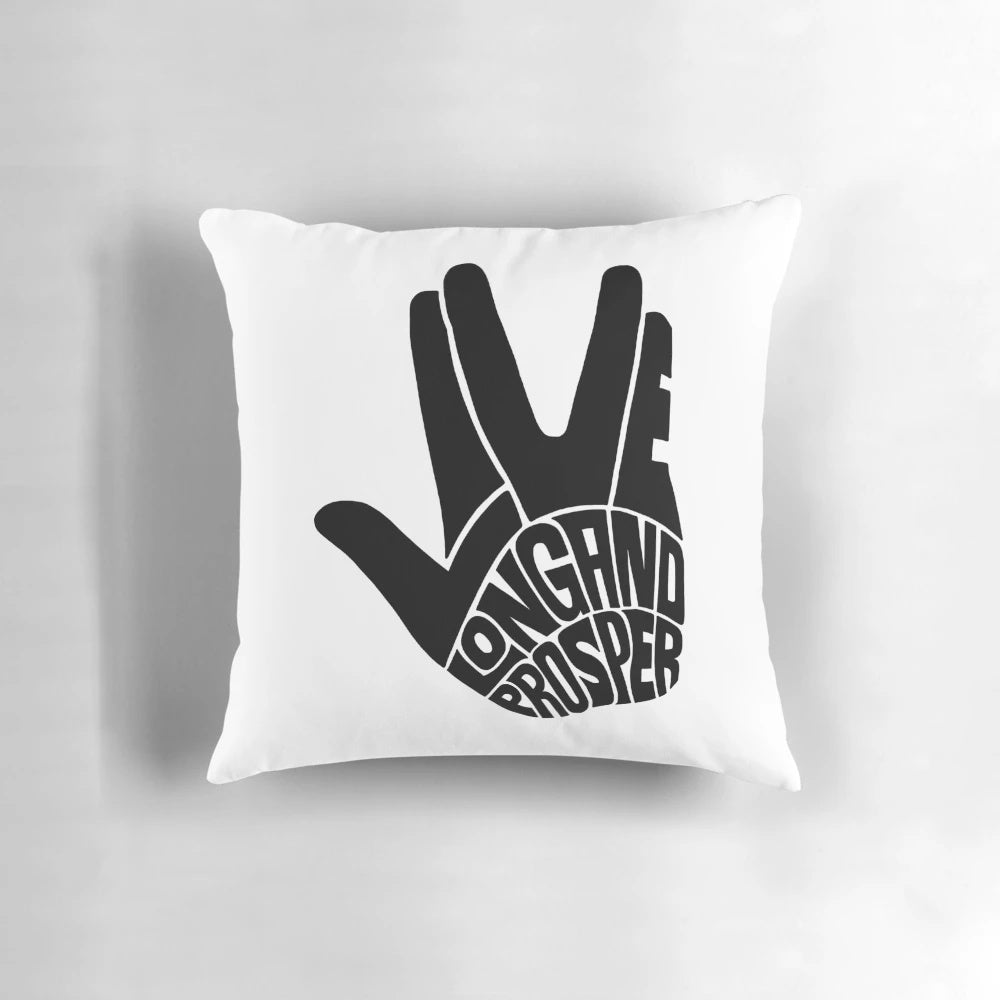 Star Trek "Live Long and Prosper" decorative throw pillow featuring Spock's iconic hand gesture