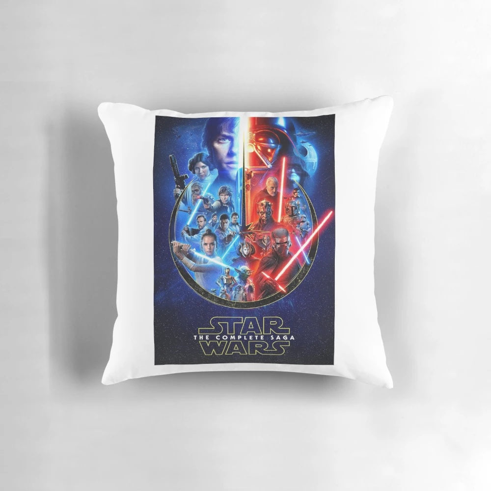 Star Wars movie-themed pillow featuring vintage-style movie posters