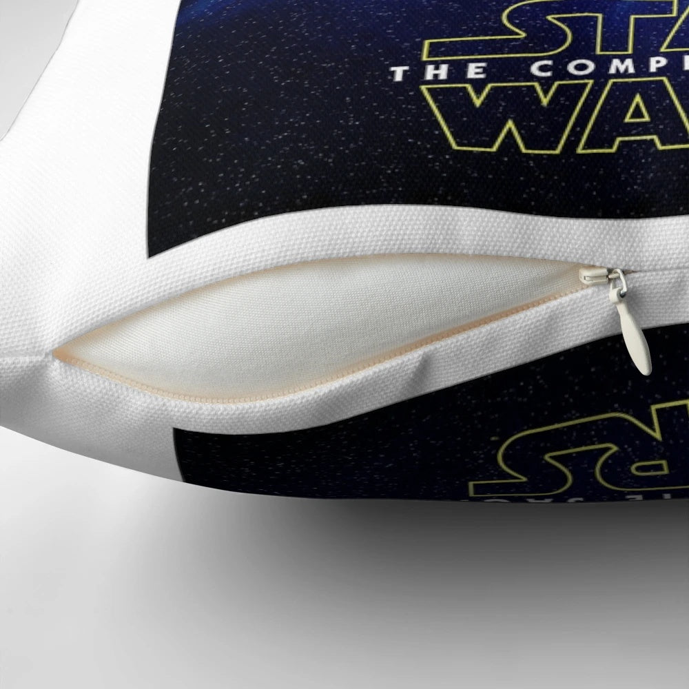 Star Wars movie-themed pillow featuring vintage-style movie posters