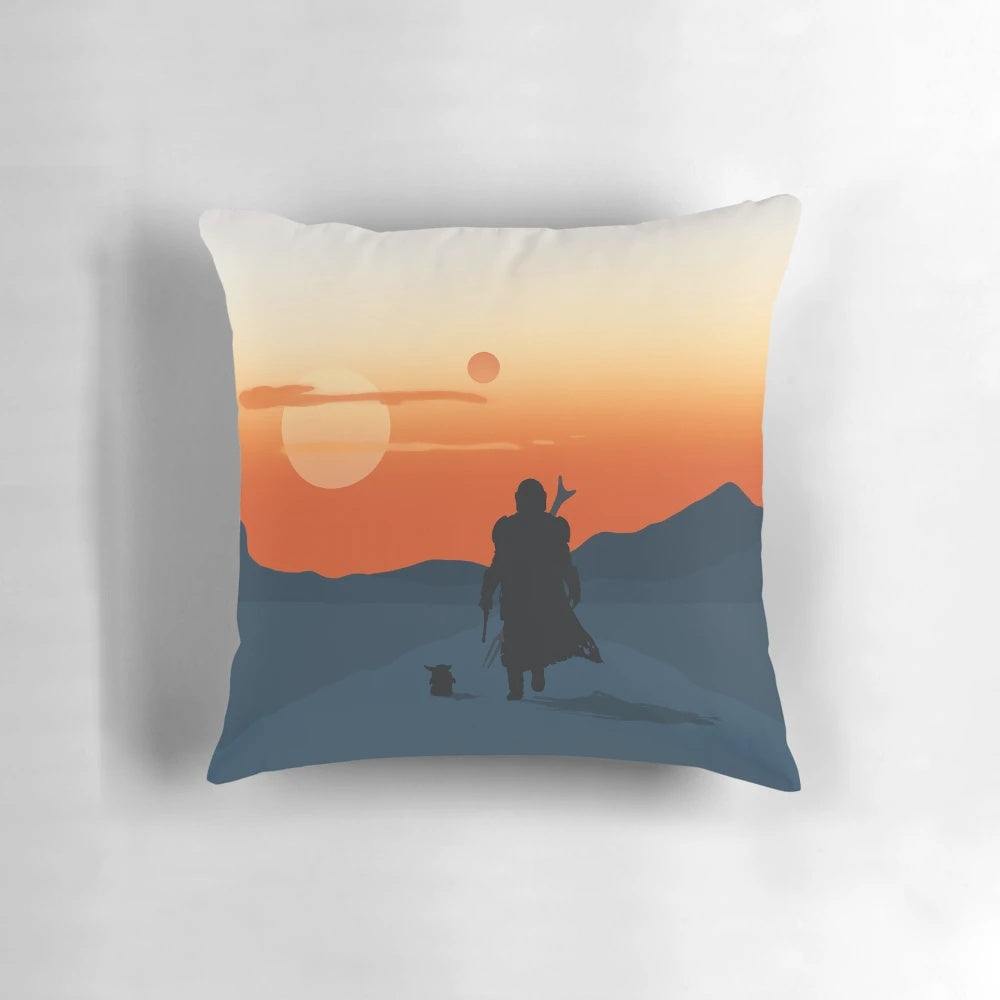 A decorative throw pillow featuring the iconic "This Is The Way" quote from the Star Wars: The Mandalorian series, with an image of the Mandalorian and Grogu.