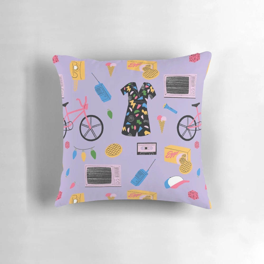 A custom purple pillow featuring a Stranger Things design and illustration, perfect for Netflix fans.