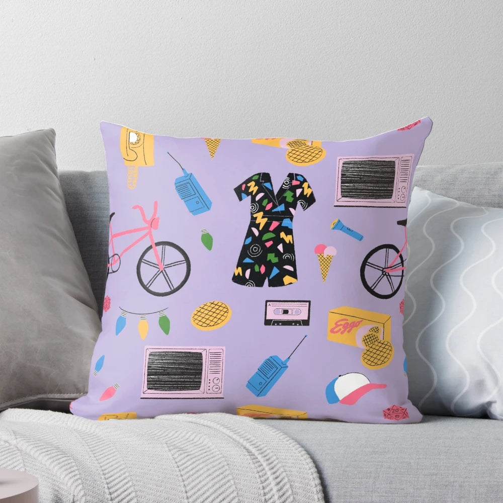 A custom purple pillow featuring a Stranger Things design and illustration, perfect for Netflix fans.