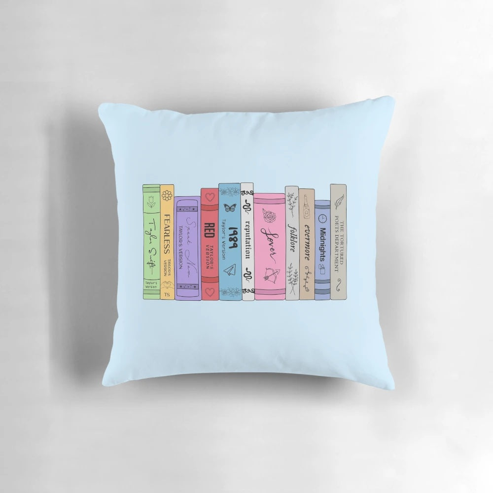 A plush, comfortable pillow featuring the covers of Taylor Swift's album books