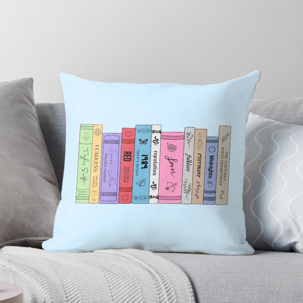 A plush, comfortable pillow featuring the covers of Taylor Swift's album books