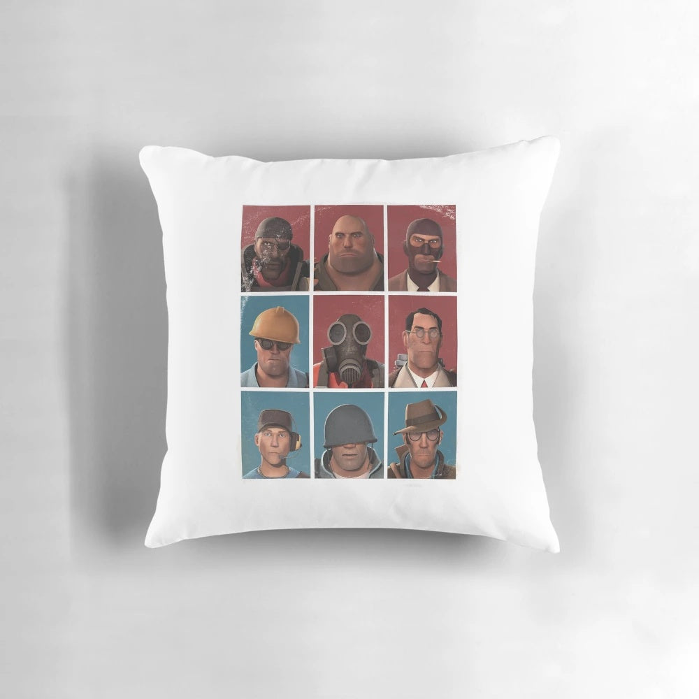 Team Fortress 2 pillow featuring a collage of characters and game elements