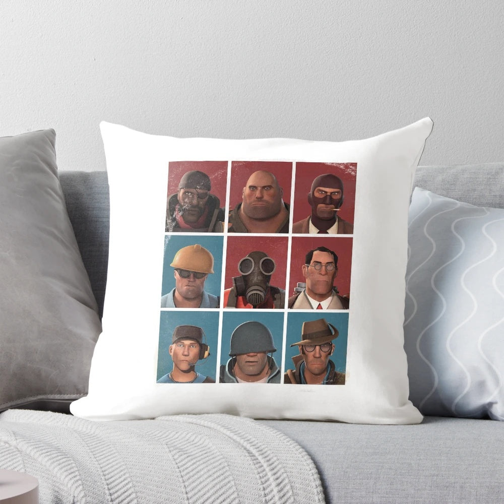 Team Fortress 2 pillow featuring a collage of characters and game elements