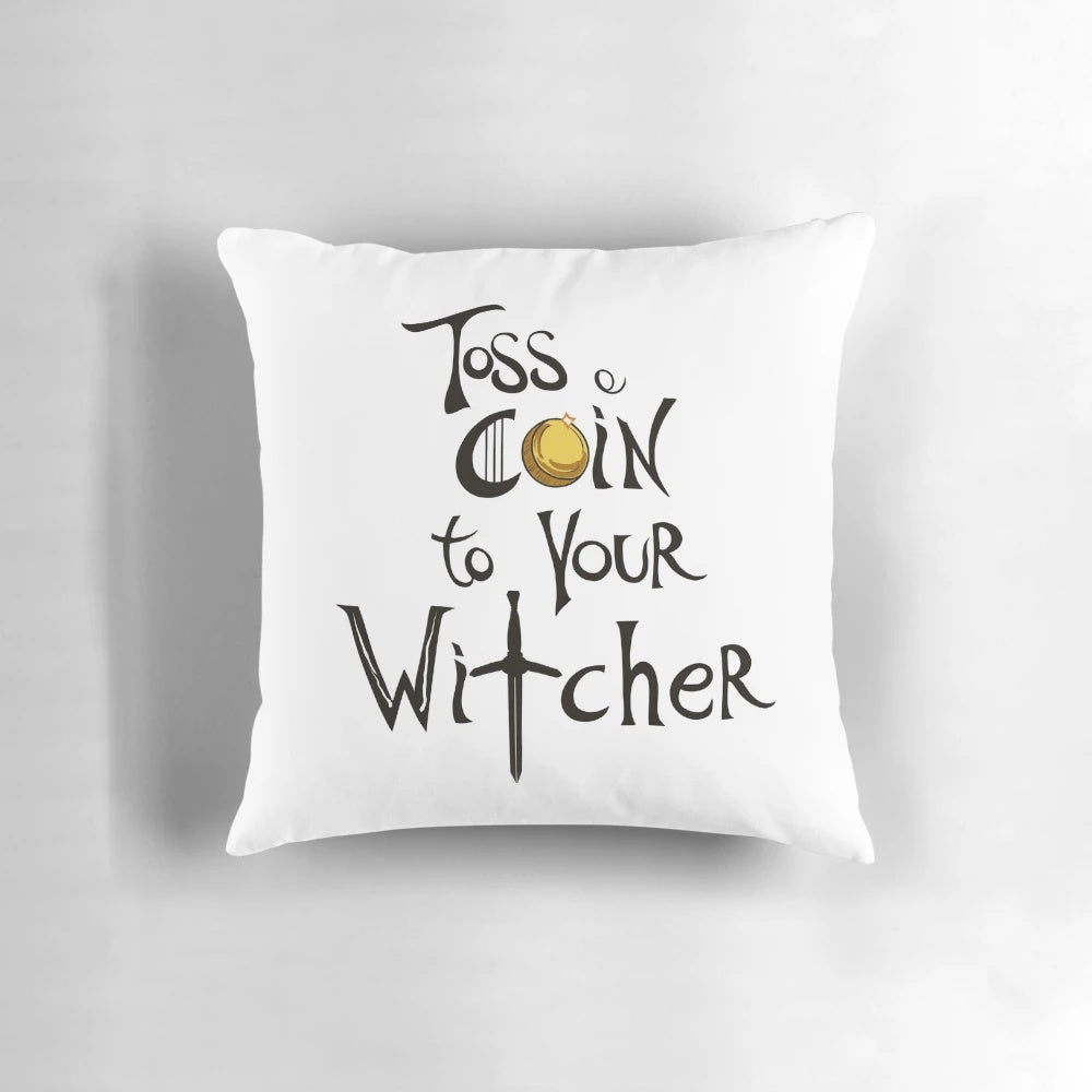 A plush, high-quality pillow featuring the iconic "Toss a Coin to Your Witcher" design from the Netflix series The Witcher.