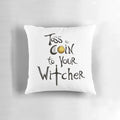 A plush, high-quality pillow featuring the iconic "Toss a Coin to Your Witcher" design from the Netflix series The Witcher.