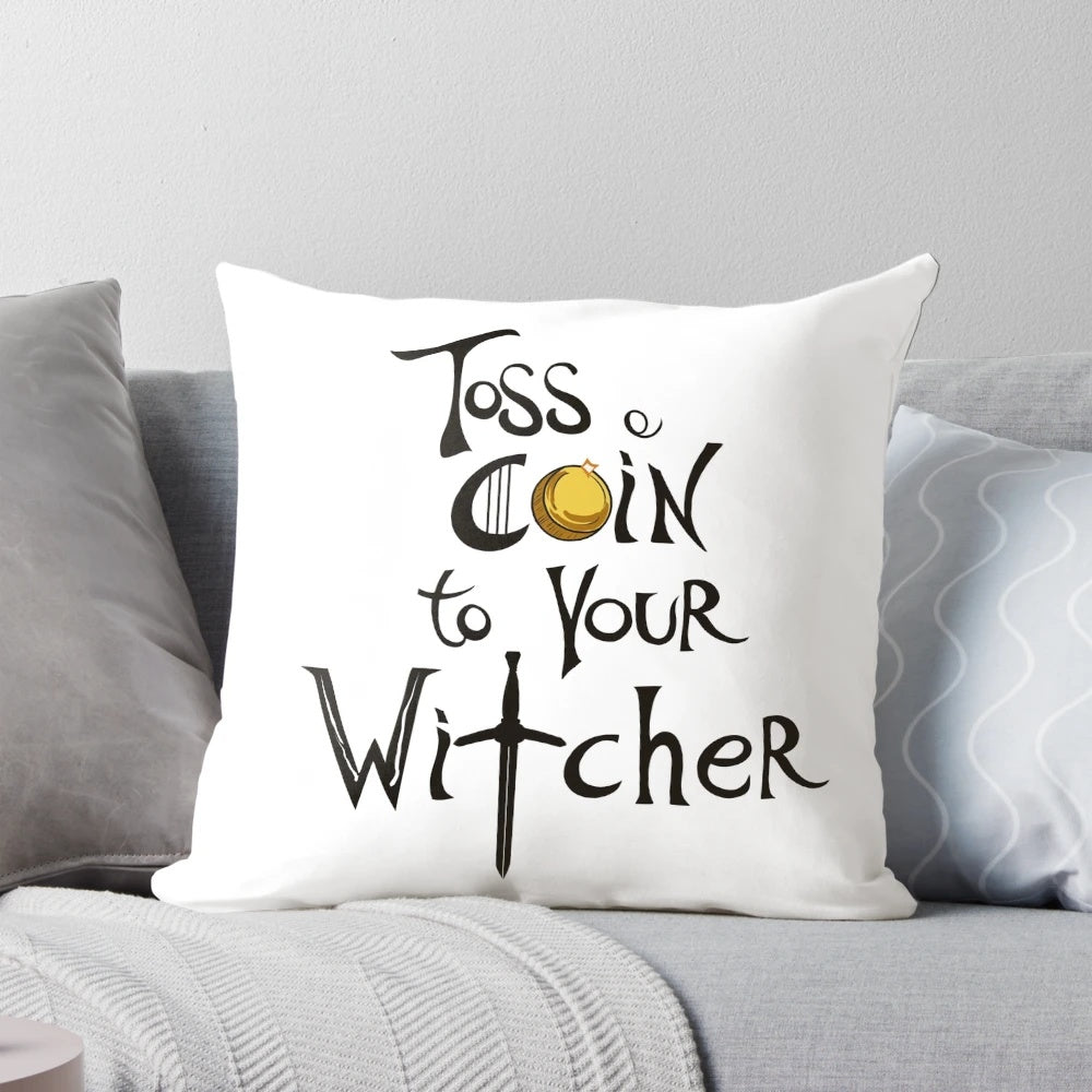A plush, high-quality pillow featuring the iconic "Toss a Coin to Your Witcher" design from the Netflix series The Witcher.