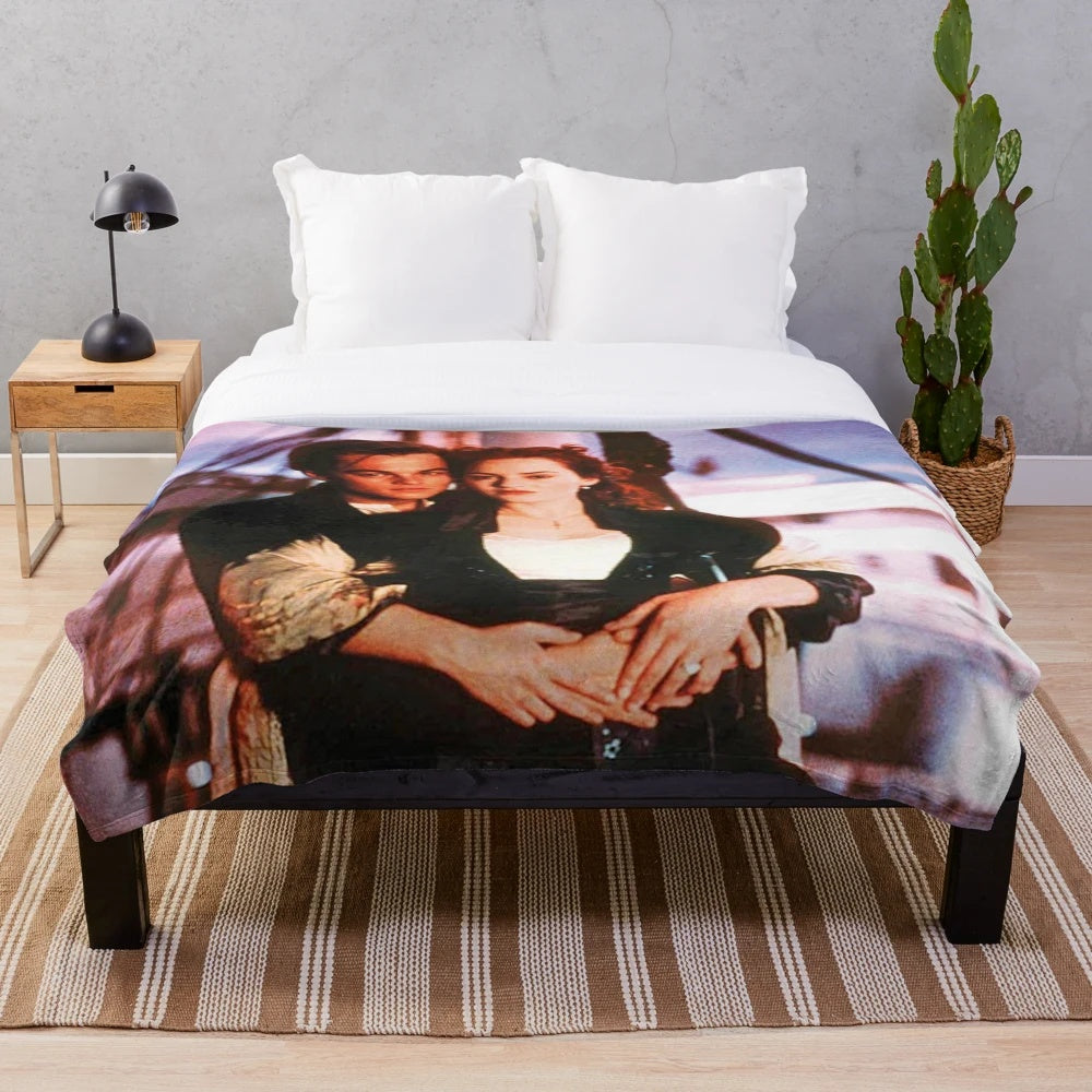 Titanic plush blanket featuring the iconic ship and characters from the classic movie