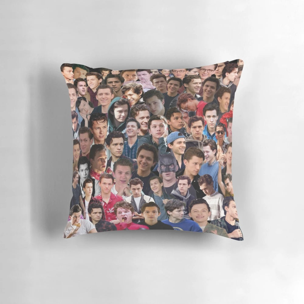 Soft plush college pillow featuring a graphic of actor Tom Holland as Spider-Man