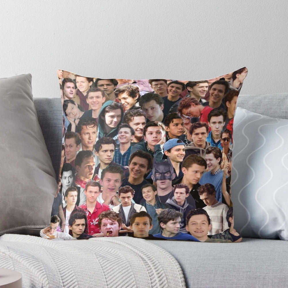 Soft plush college pillow featuring a graphic of actor Tom Holland as Spider-Man