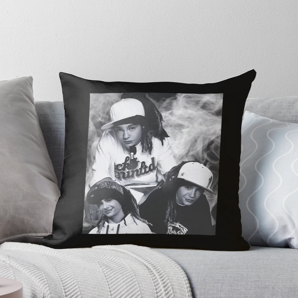 Soft, plush pillow featuring the image of Tom Kaulitz, lead guitarist of the band Tokio Hotel.