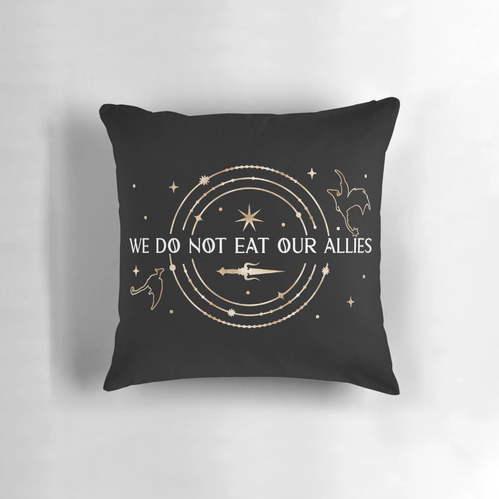 Officially licensed 'We Do Not Eat Our Allies - Fourth Wing' fantasy-themed pillow featuring characters and imagery from the book by Rebecca Yarros